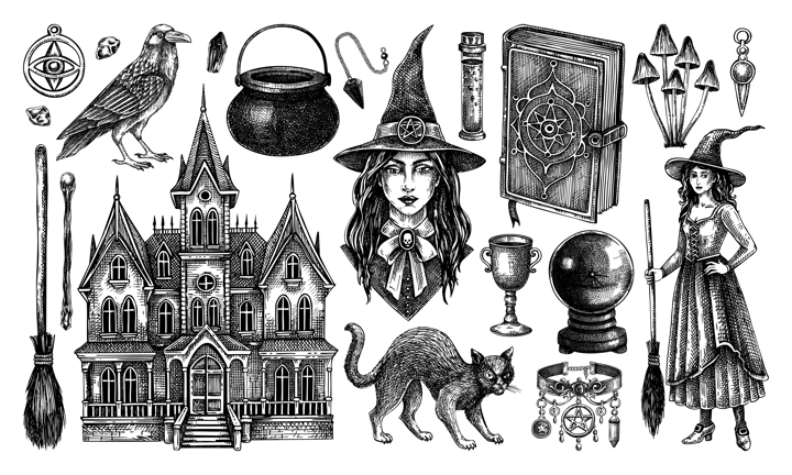 Witch sketches set. Halloween hand-drawn vector illustrations. Bohemian witchcraft icons. Magic design elements. NOT AI generated